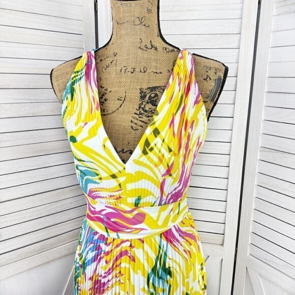 Milly Oria Waves of Zerbra Pleated Halter Maxi Dress Yellow Pink Multi Size 4 - Picture 7 of 15
